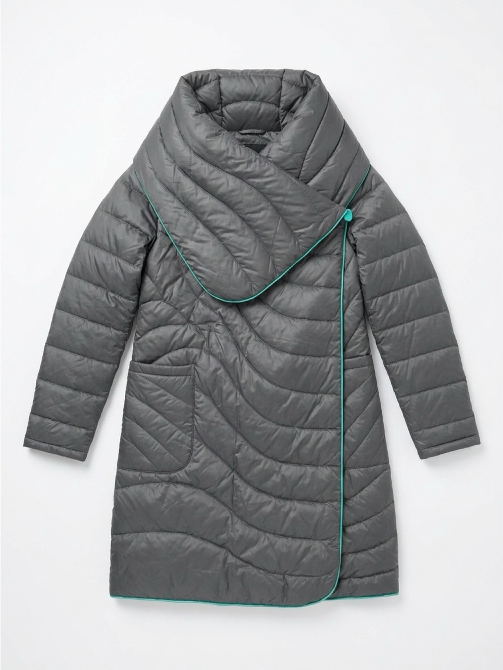 Betabrand Charcoal Quilted Wrap Puffer Coat with Teal Piping
